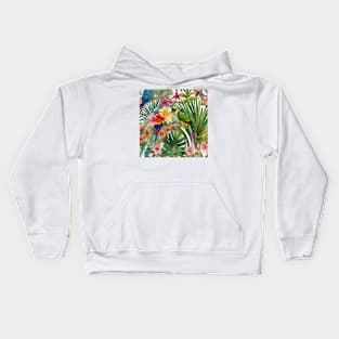 Macaw parrots in tropical forest acrylic painting Kids Hoodie